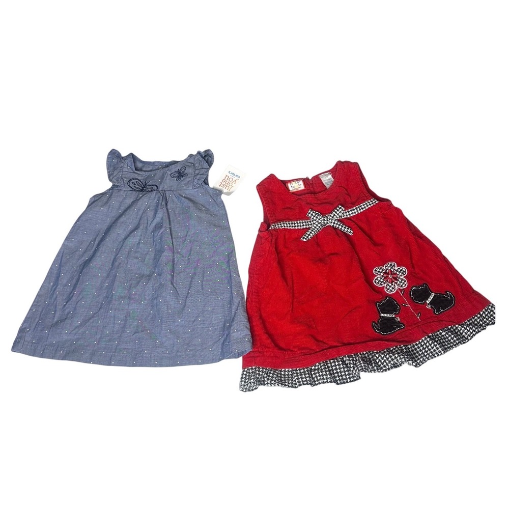Vintage Baby Togs Red Corduroy 12M Dress And Carters Blue Polka Dot Dress 12M